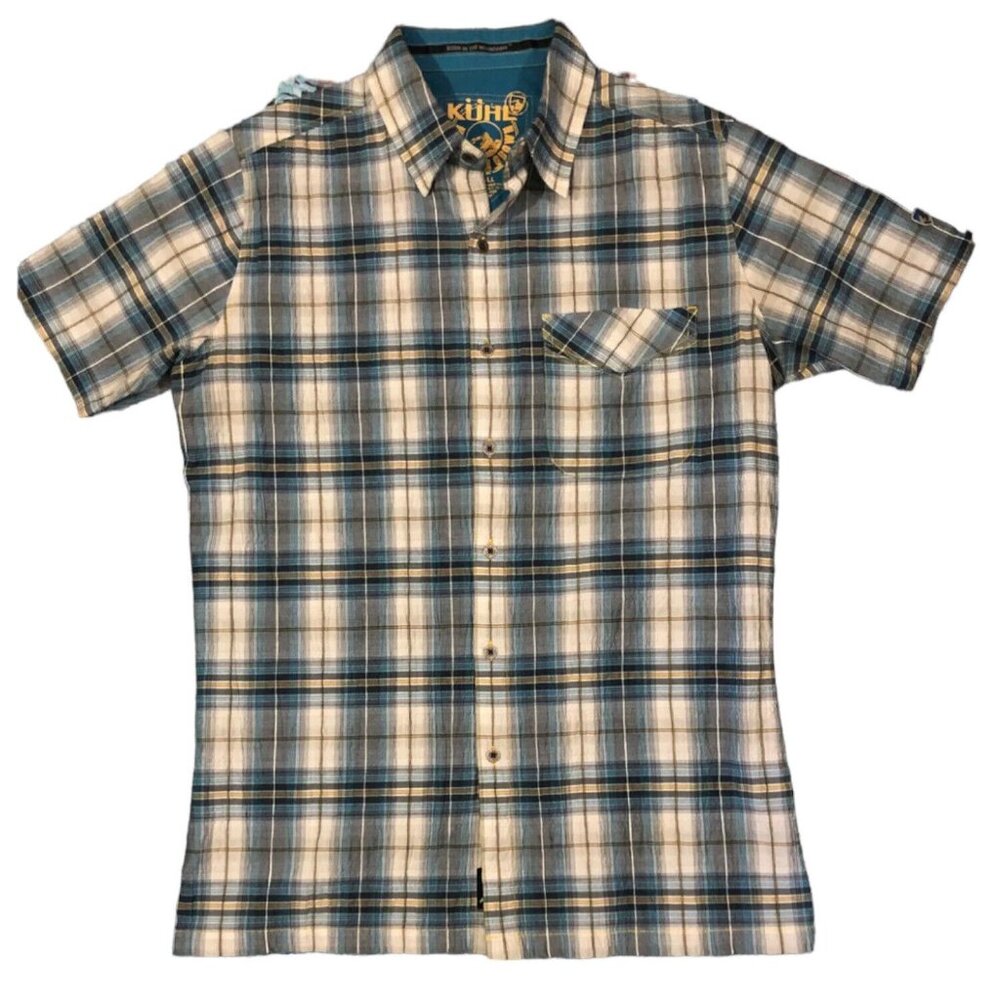 KUHL Shirt MENS Small Button Front Short Sleeve Blue‎ Plaid
